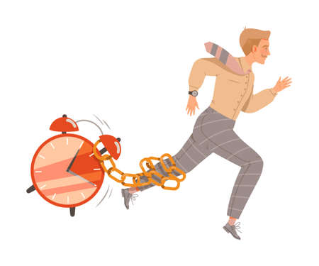 Man Running with Alarm Clock Chain Tangled Around His Leg as Time Management Vector Illustrationのイラスト素材