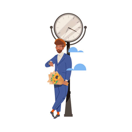 Man with Bunch of Flowers Standing and Looking at Hand Watch Counting Time Vector Illustrationのイラスト素材
