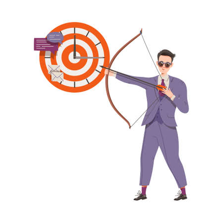 Man in Business Suit with Bow and Arrow Aiming Clock Target Vector Illustrationのイラスト素材