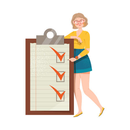 Young Woman with Checklist and Marked Checkbox as Task Completing Vector Illustrationのイラスト素材