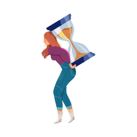 Young Woman Carrying Hourglass on Her Back as Time Burden Vector Illustrationのイラスト素材
