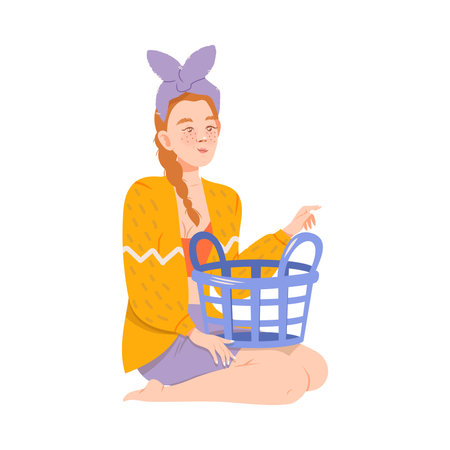 Young Woman Housewife Doing Laundry at Home Vector Illustrationのイラスト素材