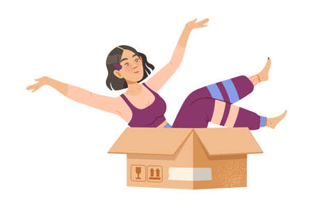 Young Female Sitting in Cardboard Box Vector Illustrationのイラスト素材