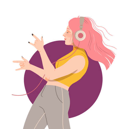 Young Woman with Headphones Listening to Music and Moving with Dancing Motion Vector Illustrationのイラスト素材