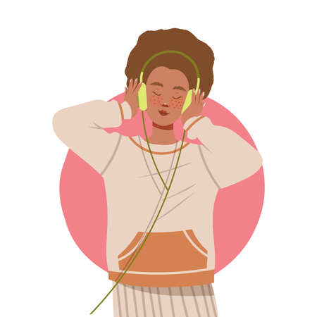 Young Woman with Headphones Listening to Music and Moving with Dancing Motion Vector Illustrationのイラスト素材