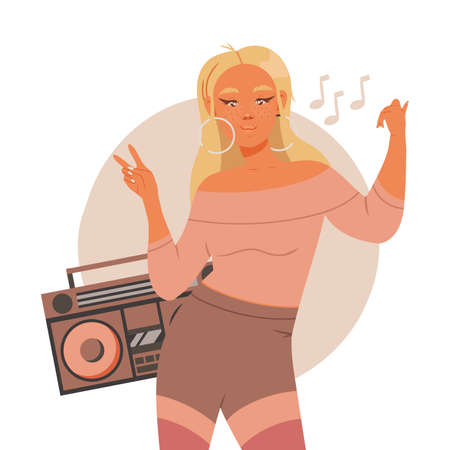 Young Woman Listening to Music and Moving with Dancing Motion Vector Illustrationのイラスト素材