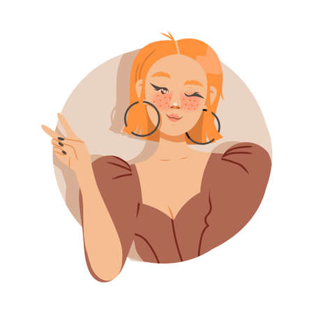 Freckled Woman Looking Out of Window and Winking Vector Illustrationのイラスト素材