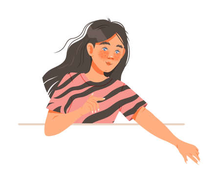Freckled Woman Looking Out of Window or Balcony Pointing at Something Vector Illustrationのイラスト素材