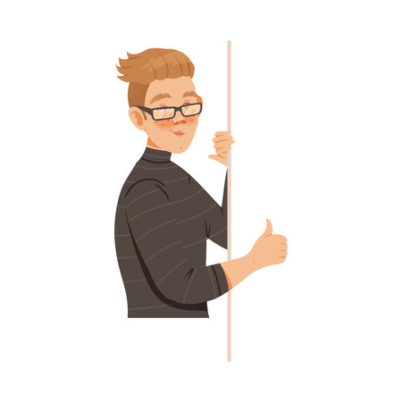 Freckled Man Looking Out from Behind the Corner Vector Illustrationのイラスト素材