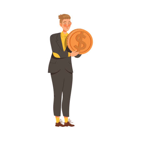 Man Holding Shiny Dollar Coin as Earning Gaining Vector Illustrationのイラスト素材