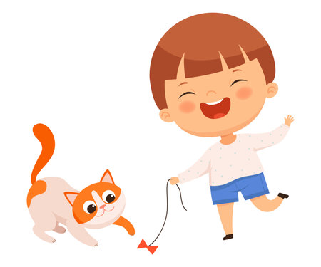 Little Boy Laughing and Playing with His Pet Cat Vector Illustrationのイラスト素材
