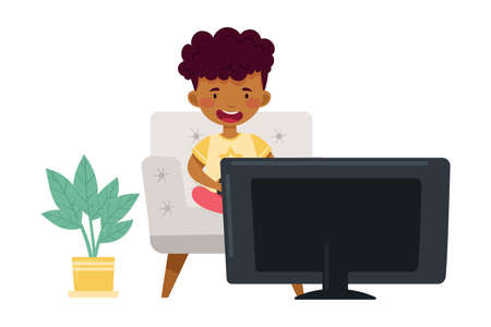 Cute African American Boy Sitting with Gamepad on Armchair and Playing Video Game Vector Illustrationのイラスト素材