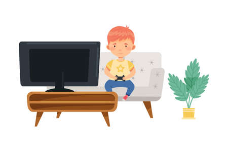 Redhead Boy Sitting with Gamepad on Sofa and Playing Video Game Vector Illustrationのイラスト素材