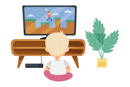 Cute Boy Sitting with Gamepad on the Floor and Playing Video Game Vector Illustrationのイラスト素材