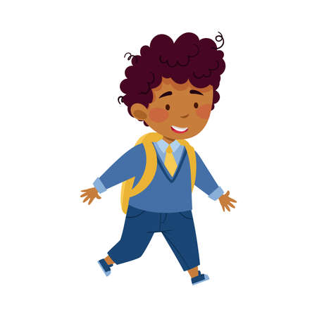 Boy Character Going to School with Backpack Vector Illustrationのイラスト素材