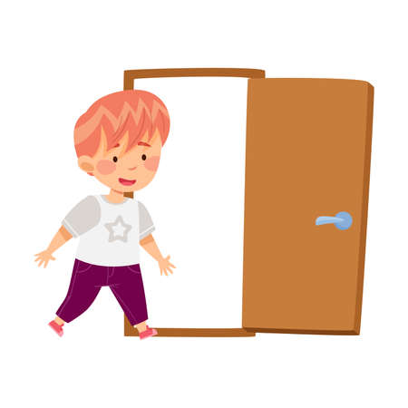 Little Boy Coming Into the Door Vector Illustrationのイラスト素材