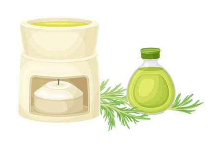 Essential Oil Burner with Wormwood or Southernwood Plant Yellow Extraction Vector Compositionのイラスト素材