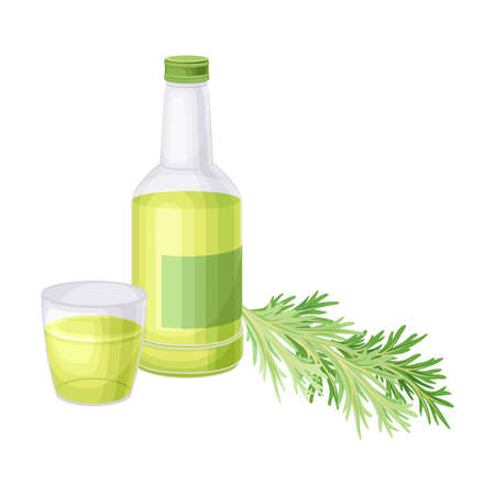 Wormwood or Southernwood Plant Yellow Extraction in Glass Bottle Vector Compositionのイラスト素材