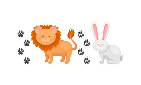 Wild and Domestic Animal with Rabbit and Lion and Their Footprints Vector Setのイラスト素材