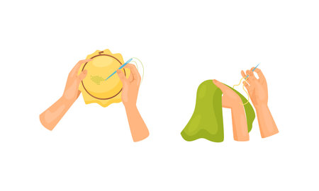 Hands Tambouring or Crocheting as Handmade Craft Vector Setのイラスト素材
