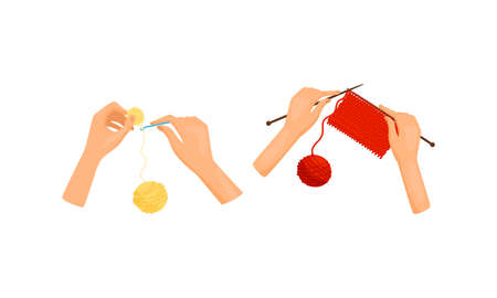 Hands Knitting with Needle and Yarn as Handmade Craft Vector Setのイラスト素材
