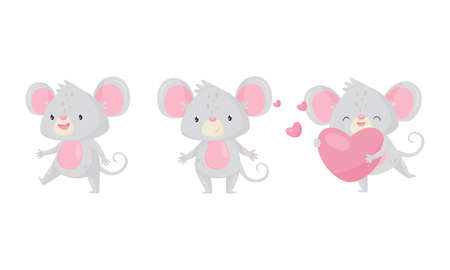 Cute Mouse Holding Heart and Walking Vector Setのイラスト素材