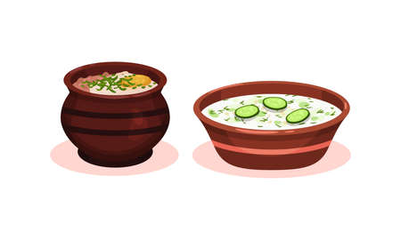 Soups Served in Ceramic Bowl or Pot and Garnished with Potherb Vector Setのイラスト素材