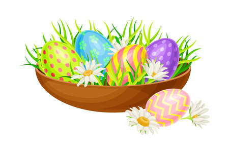 Decorated Easter Eggs or Paschal Eggs Rested in Wooden Bowl with Green Grass with Spring Flowers Vector Arrangementのイラスト素材