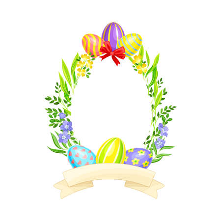 Festive Wreath Arranged from Decorated Easter Eggs and Green Grass with Ribbon Vector Illustrationのイラスト素材