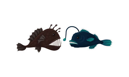 Toothy Extinct Fish from Deep Sea as Gill-bearing Aquatic Animals Vector Setのイラスト素材