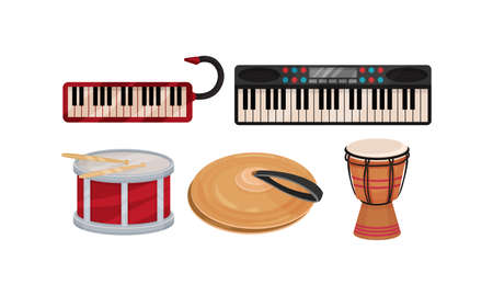 Musical Instrument with Keyboard and Percussion as Drum Vector Setのイラスト素材