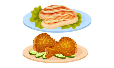 Meat Dishes with Chicken Fillet and Legs Served on Plate Vector Setのイラスト素材