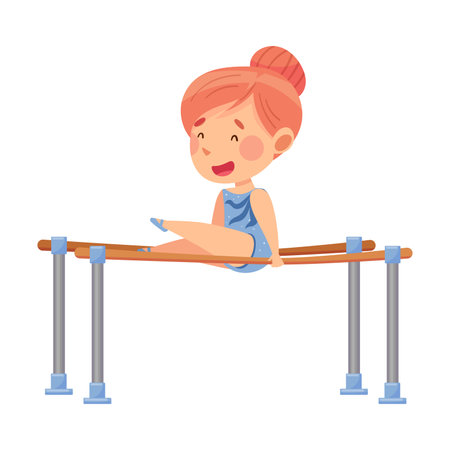 Little Redhead Girl Doing Gymnastics on Parallel Bars Vector Illustrationのイラスト素材