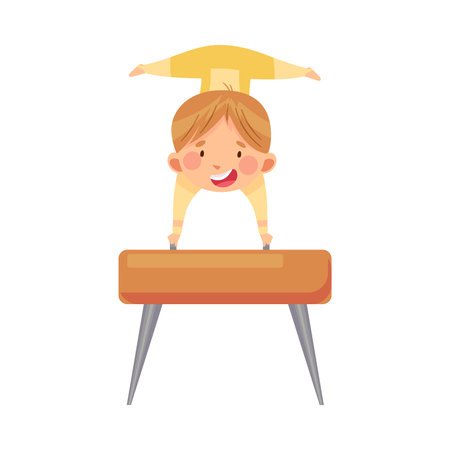 Beaming Boy Doing Gymnastics Vaulting on Pommel Horse Vector Illustrationのイラスト素材