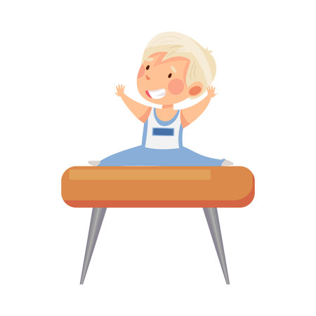 Beaming Boy Doing Gymnastics Vaulting on Pommel Horse Vector Illustrationのイラスト素材