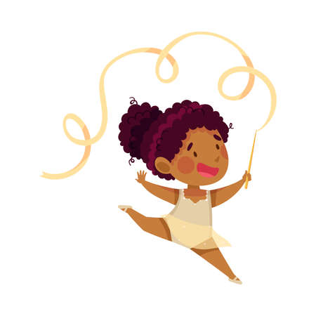 Cute African American Girl Doing Artistic Gymnastics with Ribbon Vector Illustrationのイラスト素材