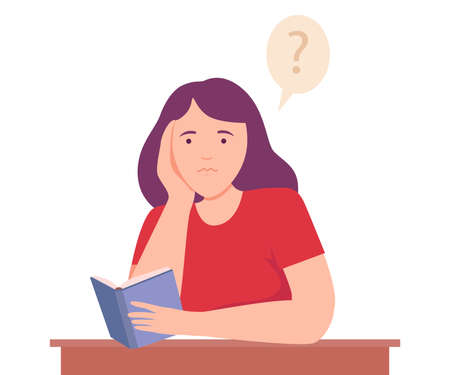 Female Sitting at Table with Notepad Thinking and Considering of Something Vector Illustrationのイラスト素材