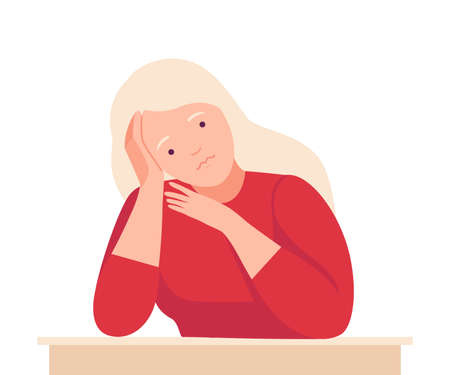 Female Sitting at Table with Pensive Face Expression Thinking and Considering of Something Vector Illustrationのイラスト素材