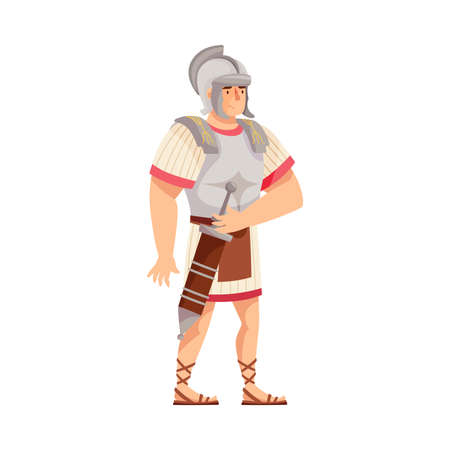 Ancient Roman Soldier or Greek Warrior Wearing Helmet Standing with Sword and Iron Armor Vector Illustrationのイラスト素材