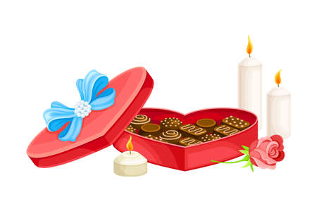 Heart Shaped Box with Chocolate Sweets and Burning Candles Vector Compositionのイラスト素材