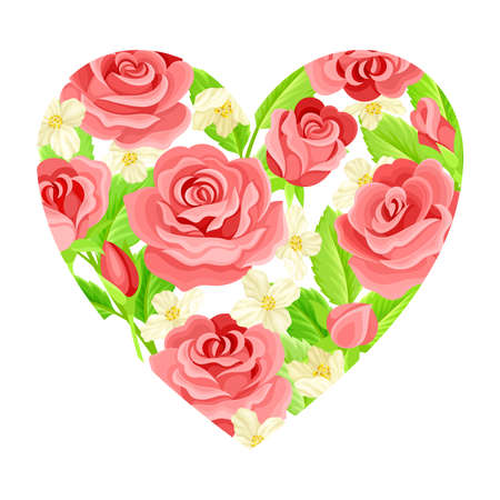 Valentine s Day Symbol with Blooming Rose Flowers Framed in Heart Shape Vector Compositionのイラスト素材