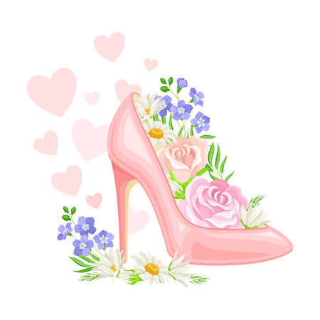 High Heeled Pink Shoe with Blooming Flowers Inside and Fluttering Hearts as International Women s Day Holiday Symbol Vector Compositionのイラスト素材