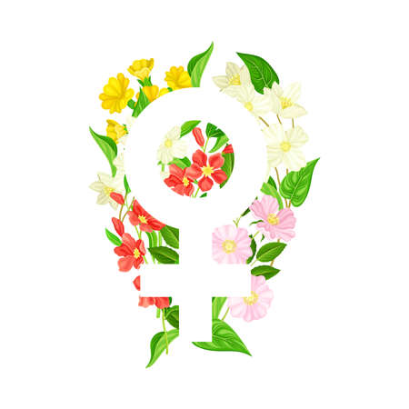 Flowers and Blooming Twigs with Female Gender Sign as International Women s Day Holiday Symbol Vector Compositionのイラスト素材