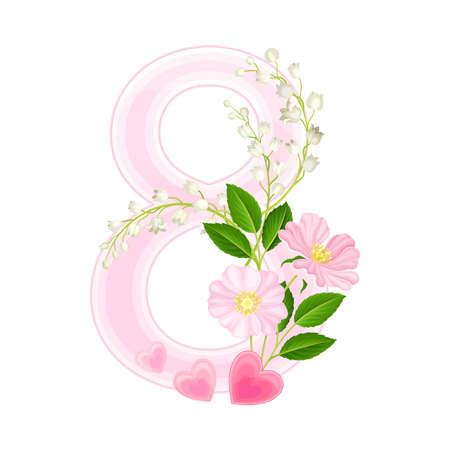 Eight Number Arranged with Blooming Flowers and Hearts as International Women s Day Holiday Attribute Vector Illustrationのイラスト素材