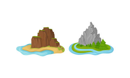 Islands with Rock Massif Surrounded by Water Vector Setのイラスト素材