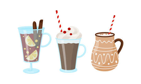 Winter Hot Drinks with Mulled Wine in Glass and Hot Chocolate in Mug Vector Setのイラスト素材