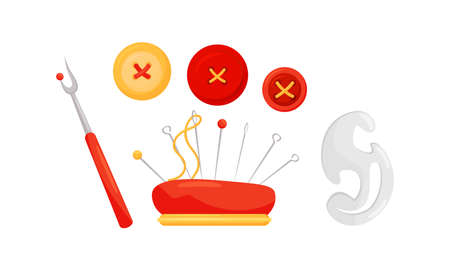 Sewing and Tailoring Accessories with Seam Ripper and Cushion with Pins Vector Setのイラスト素材