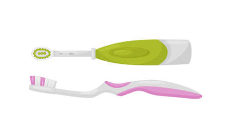 Plastic Toothbrush with Bristles and Handle as Oral Hygiene Instrument Vector Setのイラスト素材