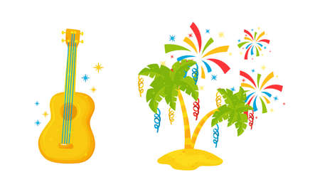 Festive Brazil Attributes with Guitar, Decorated Palm Tree and Firework Vector Setのイラスト素材