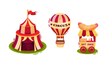 Circus Attribute with Striped Tent, Hot Air Balloon and Hot Dog Stall Vector Setのイラスト素材